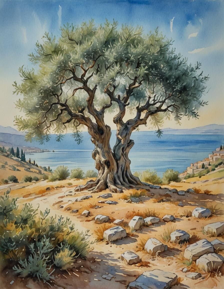 Olive Tree in Mediterranean Landscape Watercolor Painting