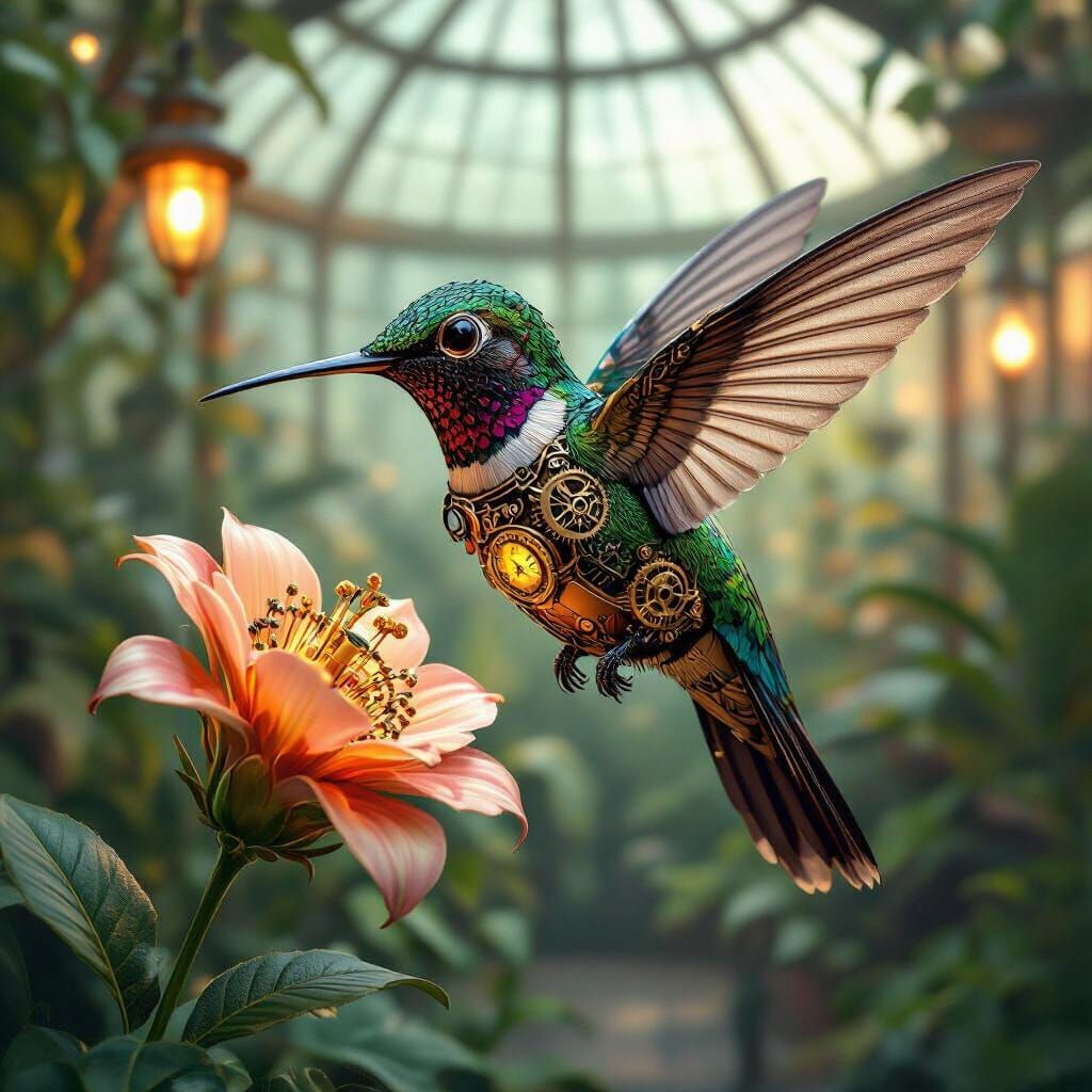 Steampunk Hummingbird Sipping Nectar in Victorian Greenhouse