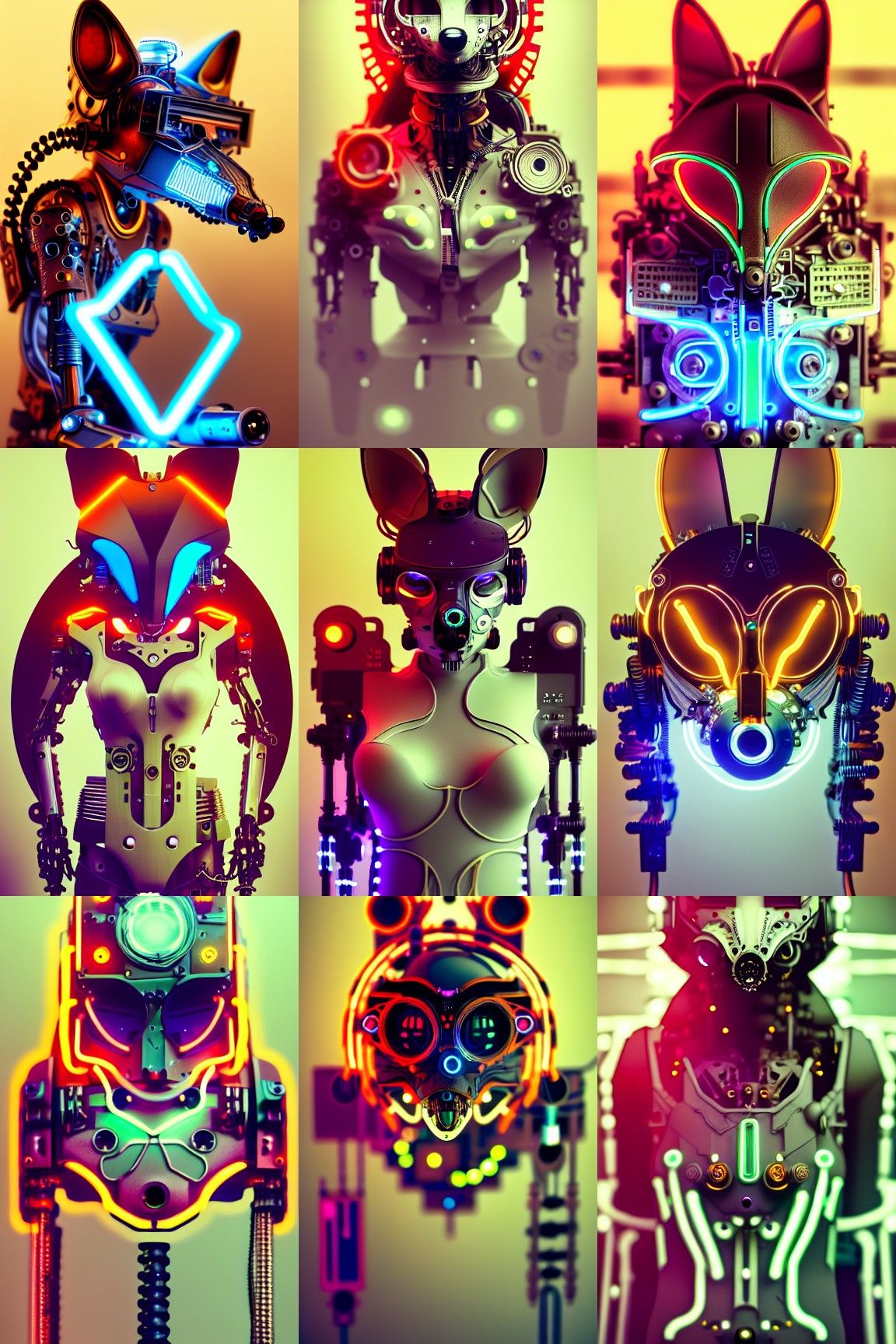 Cyberpunk Cyborg Fox with Neon and Steampunk Details