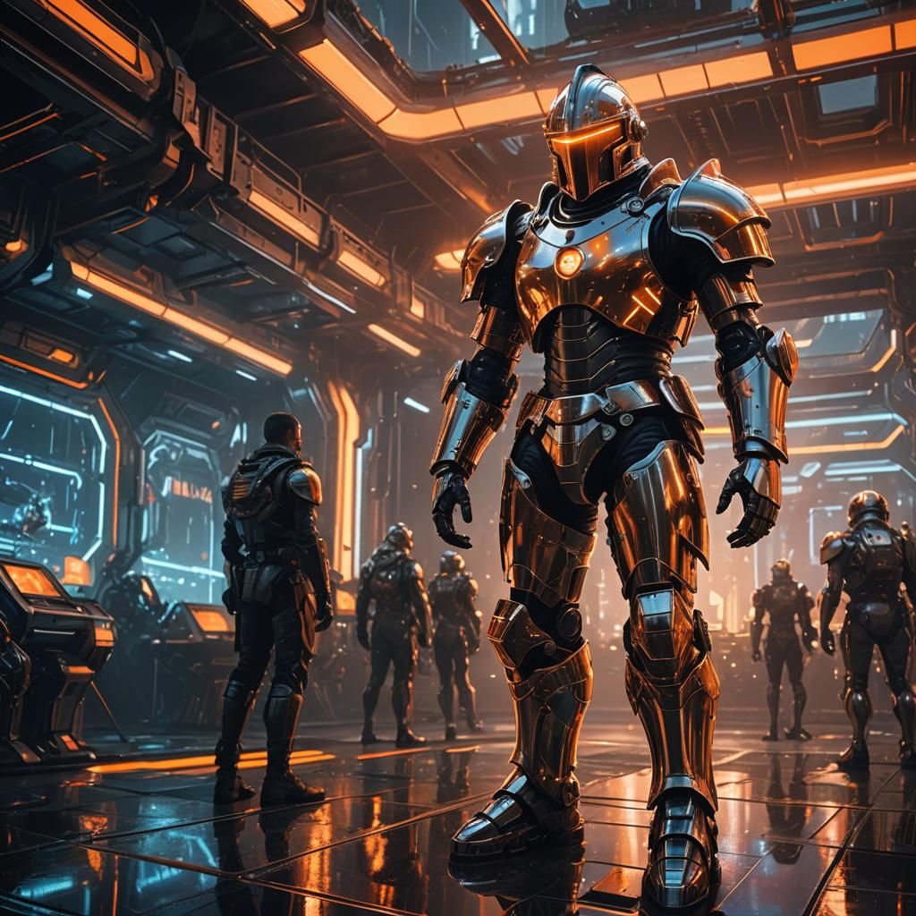 Sci-Fi Knight in Full Armor on Metallic Platform