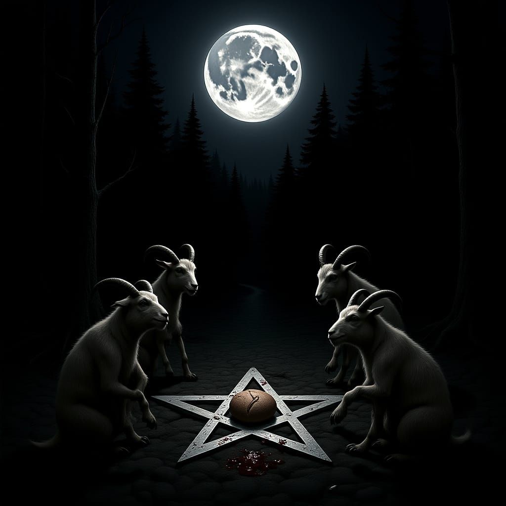 Goats Perform Ritual Sacrifice in Moonlit Forest