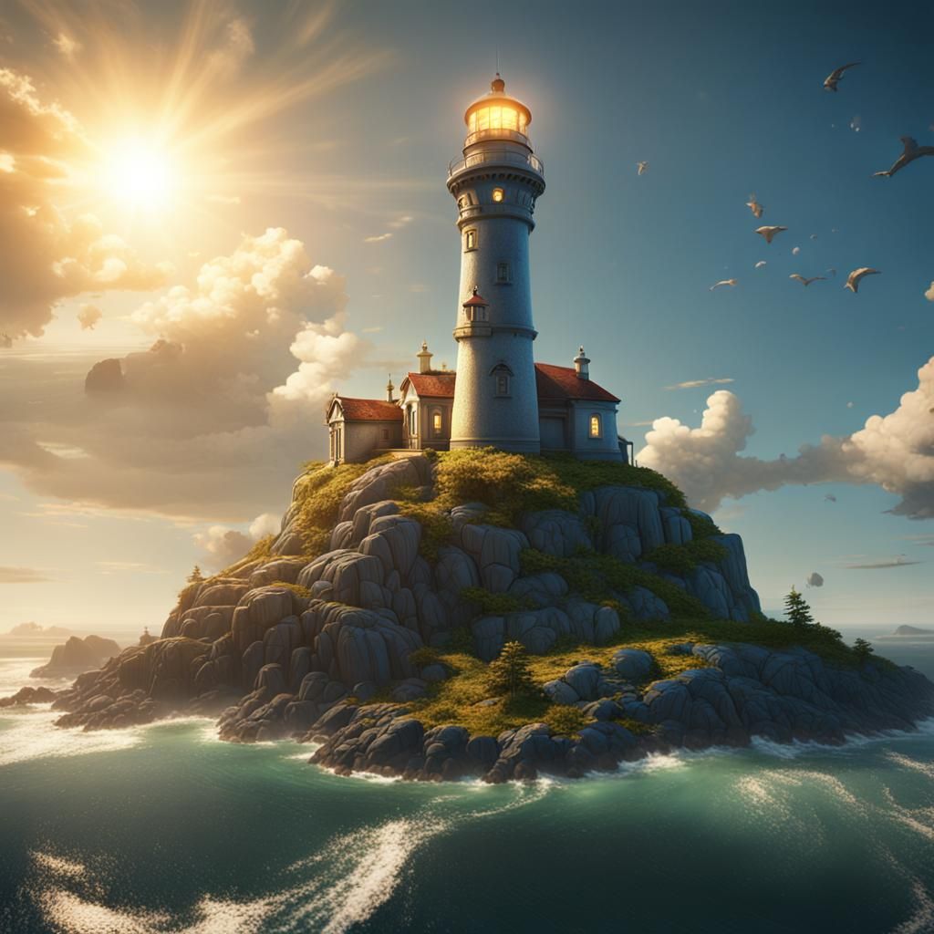 Island Lighthouse in Sunlight: Detailed Digital Painting