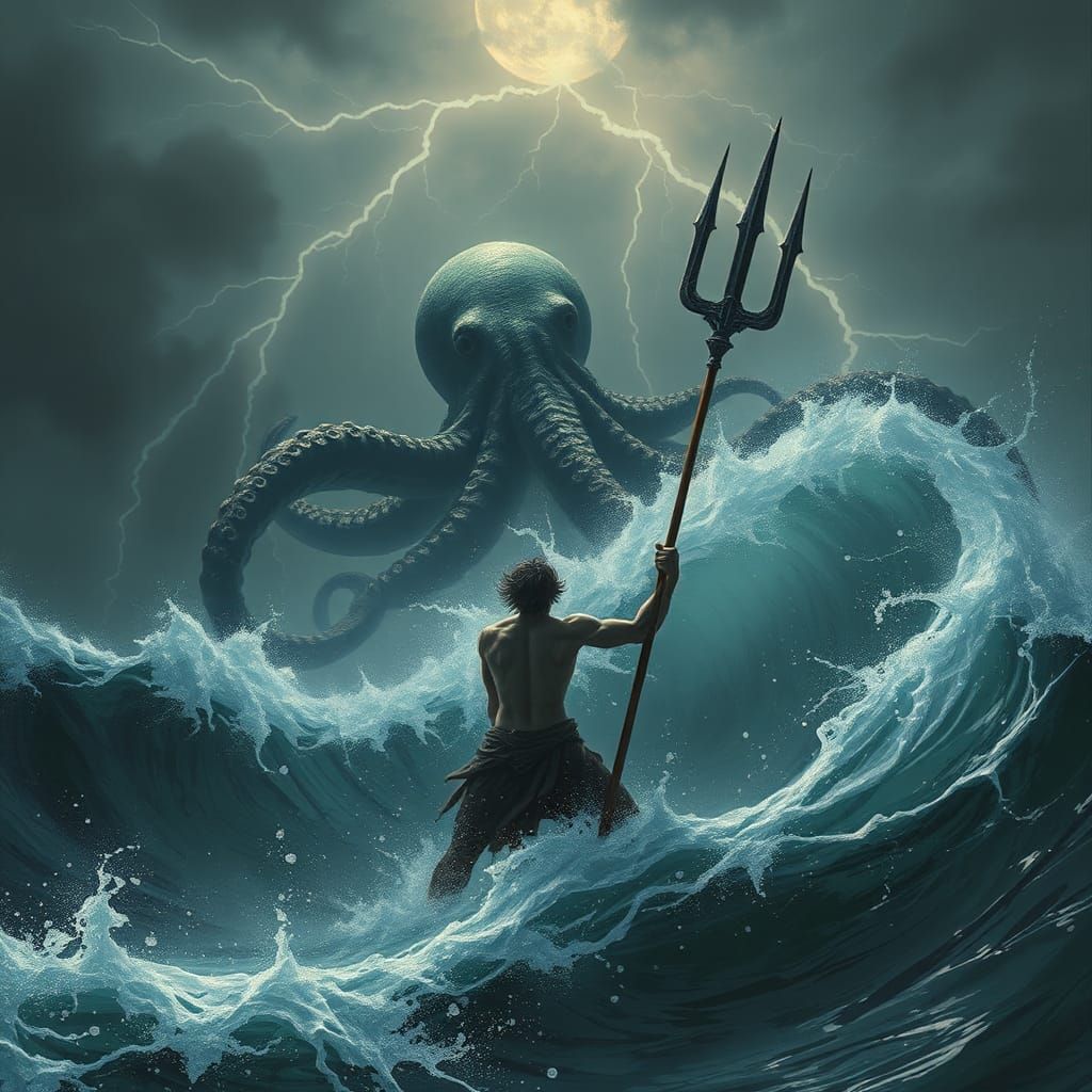 Poseidon's Fury: Epic Battle in HR Giger Style