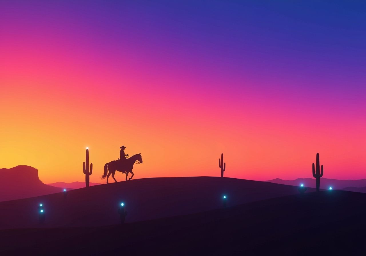 Cowboy Silhouette on Desert Ridge in 80s Airbrush Style