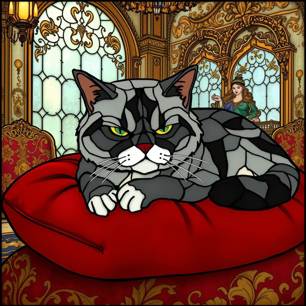 Stained-Glass Grumpy Cat in Art Nouveau Style