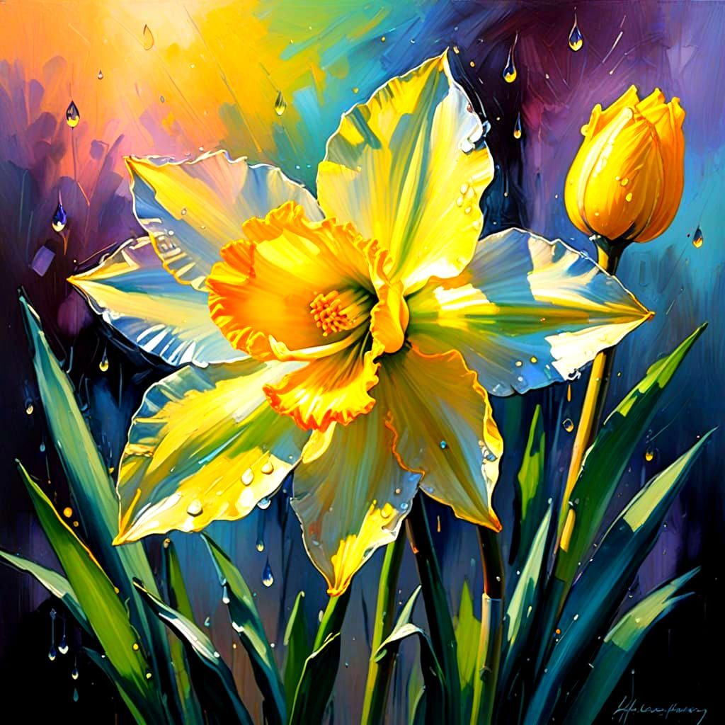 Vibrant Daffodil Blooms in Whimsical Oil Painting