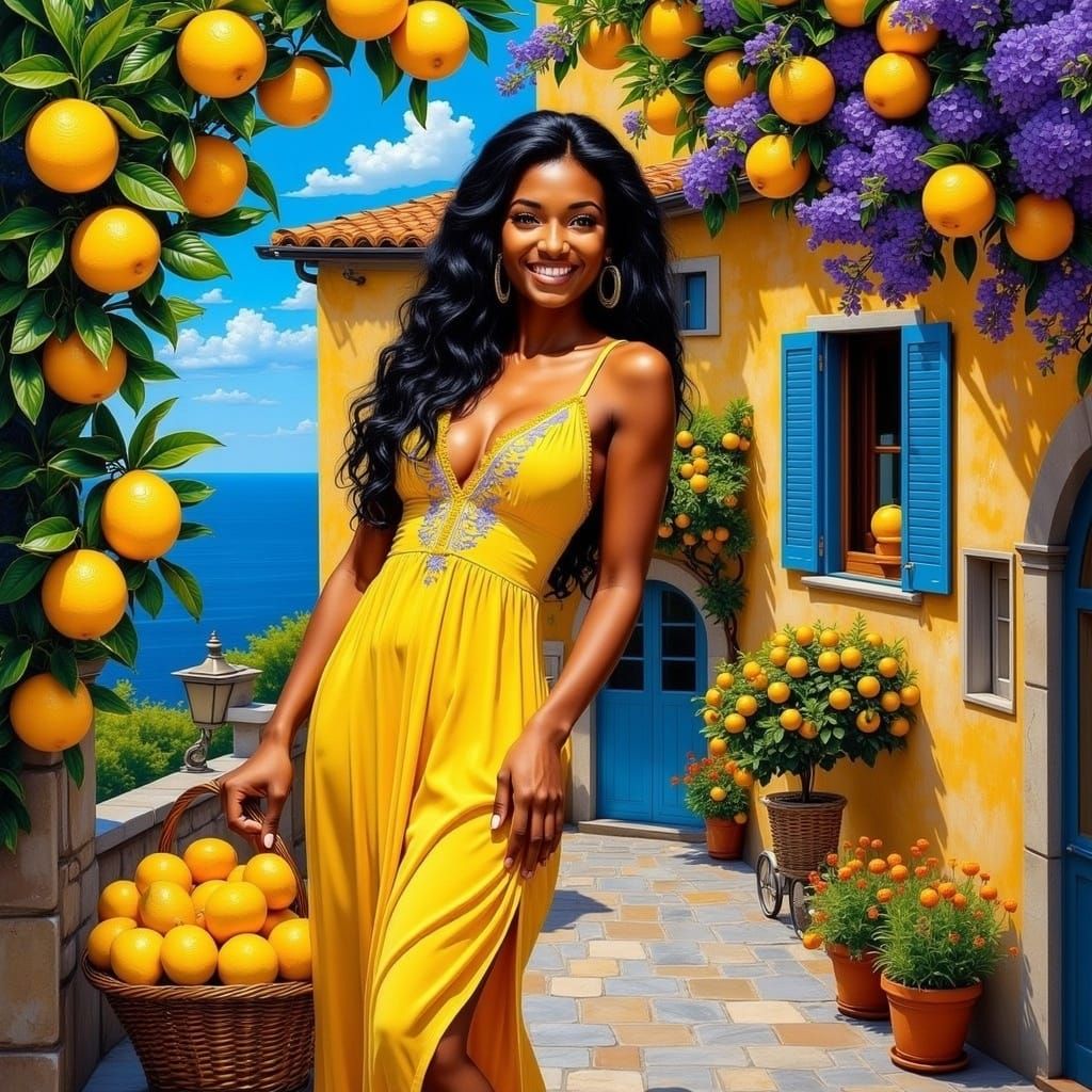 Sensational Italian Woman in Vibrant Sundress Against Turquo...