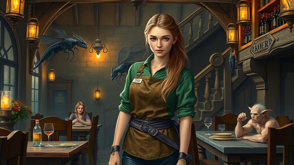 Fantasy Innkeeper in Cozy Tavern, Oil Painting Style