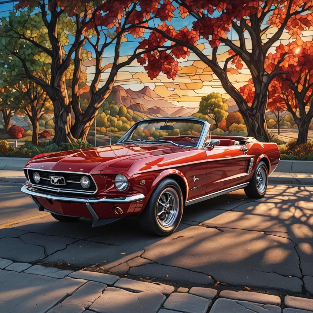 Stained-Glass Mural of a Classic Ford Mustang