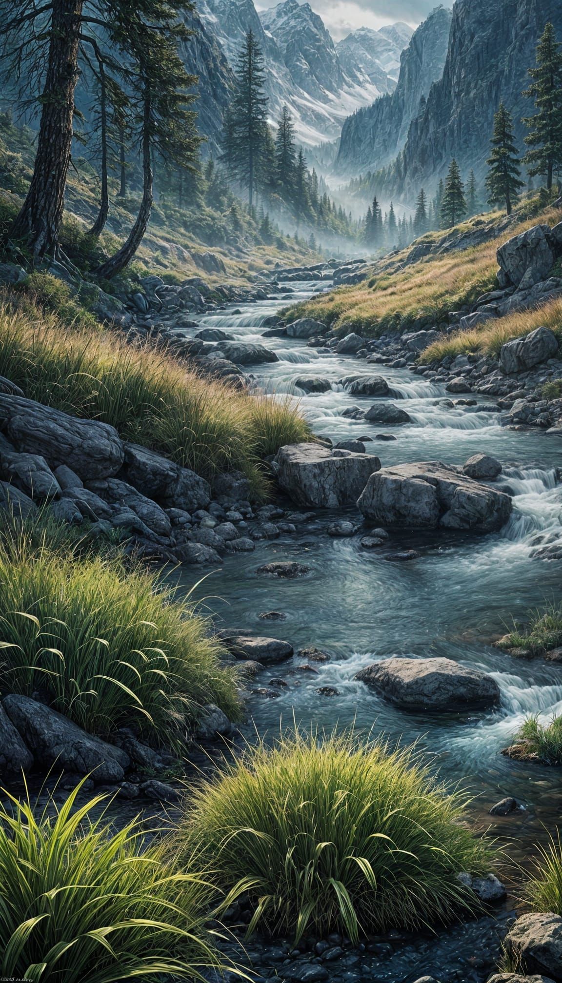 Majestic Mountain River Forest Landscape in Ethereal Style