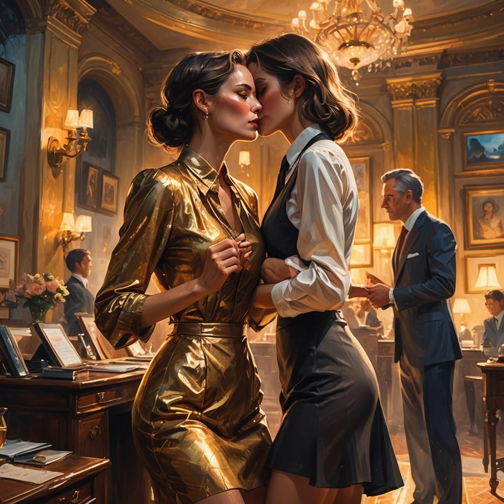 Passionate Office Romance in Vibrant Oil Painting Style