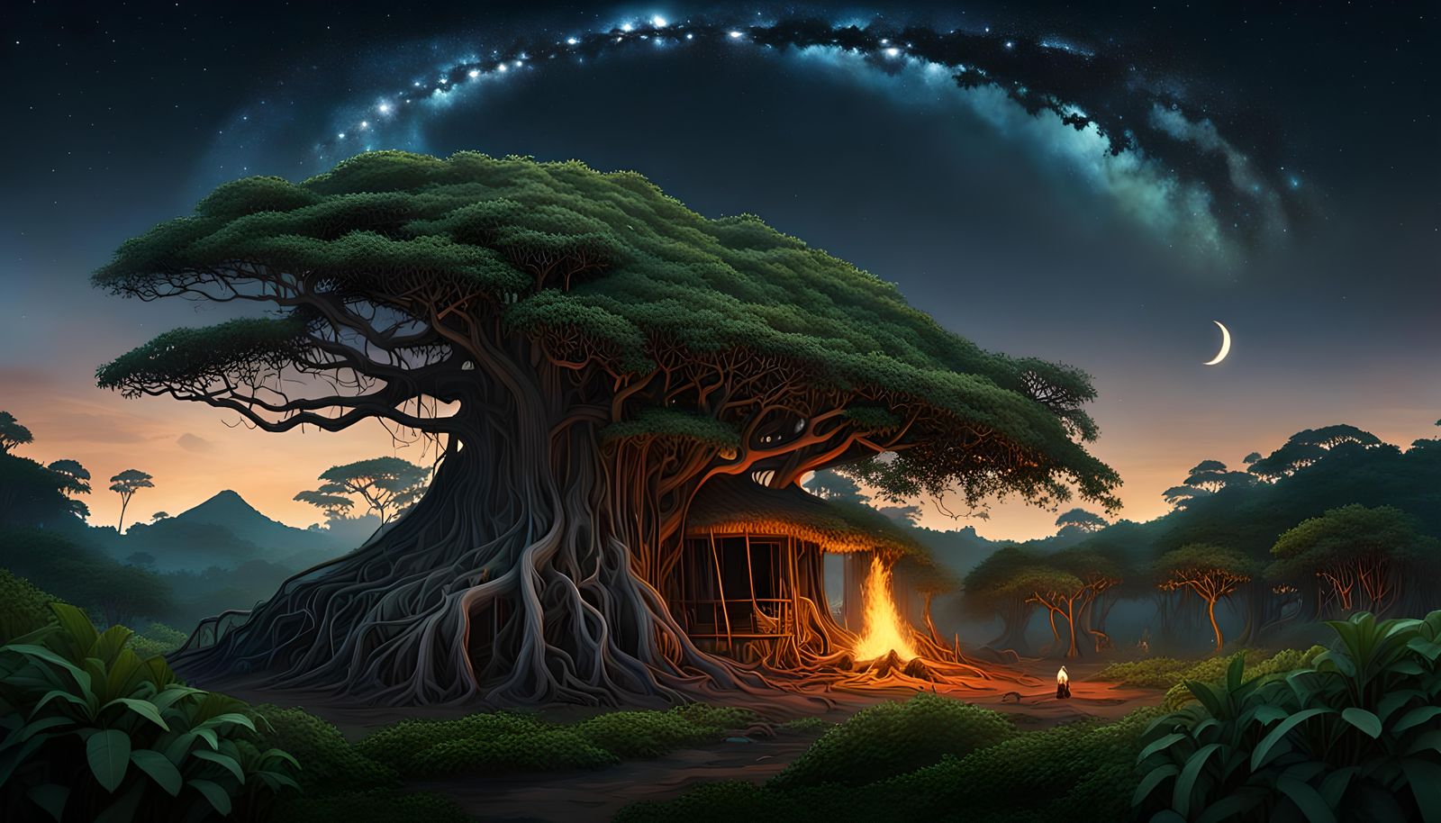Mysterious Banyan Tree at Twilight: Realistic 8K Photo