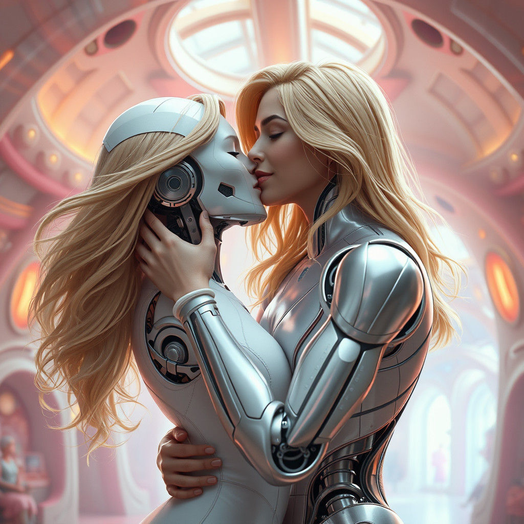 Woman and Robot Embrace in Dreamlike Setting