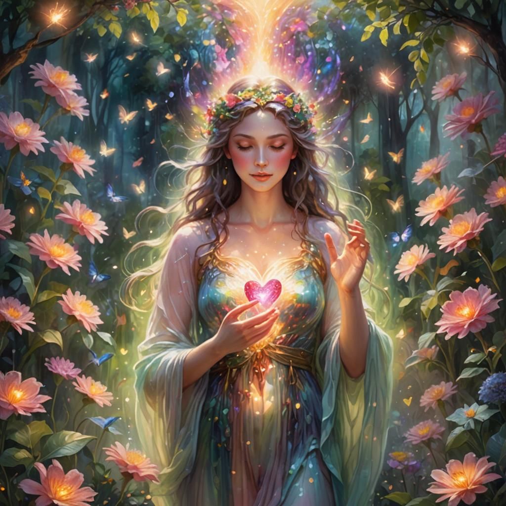 Goddess of Love in Iridescent Flower Garden
