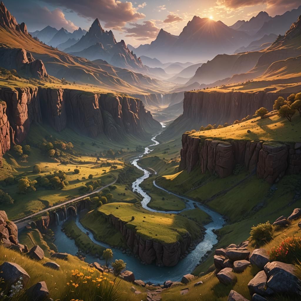 Valley Sunrise: Detailed Fantasy Concept Art