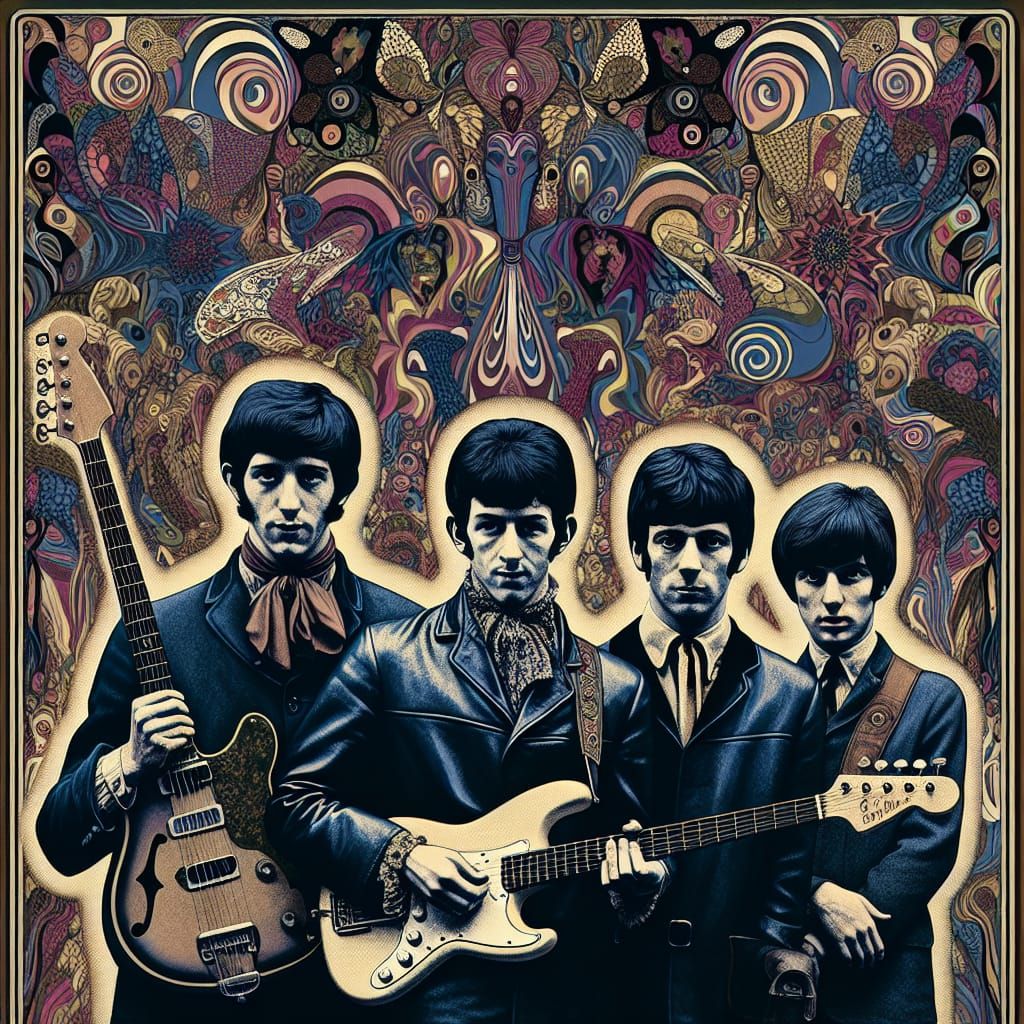 Psychedelic Rock Band in 1960s Album Art Style