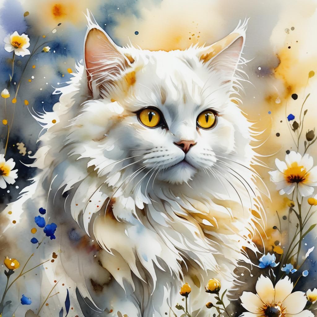Watercolor Cat Fantasy with Flowers and Soft Lighting