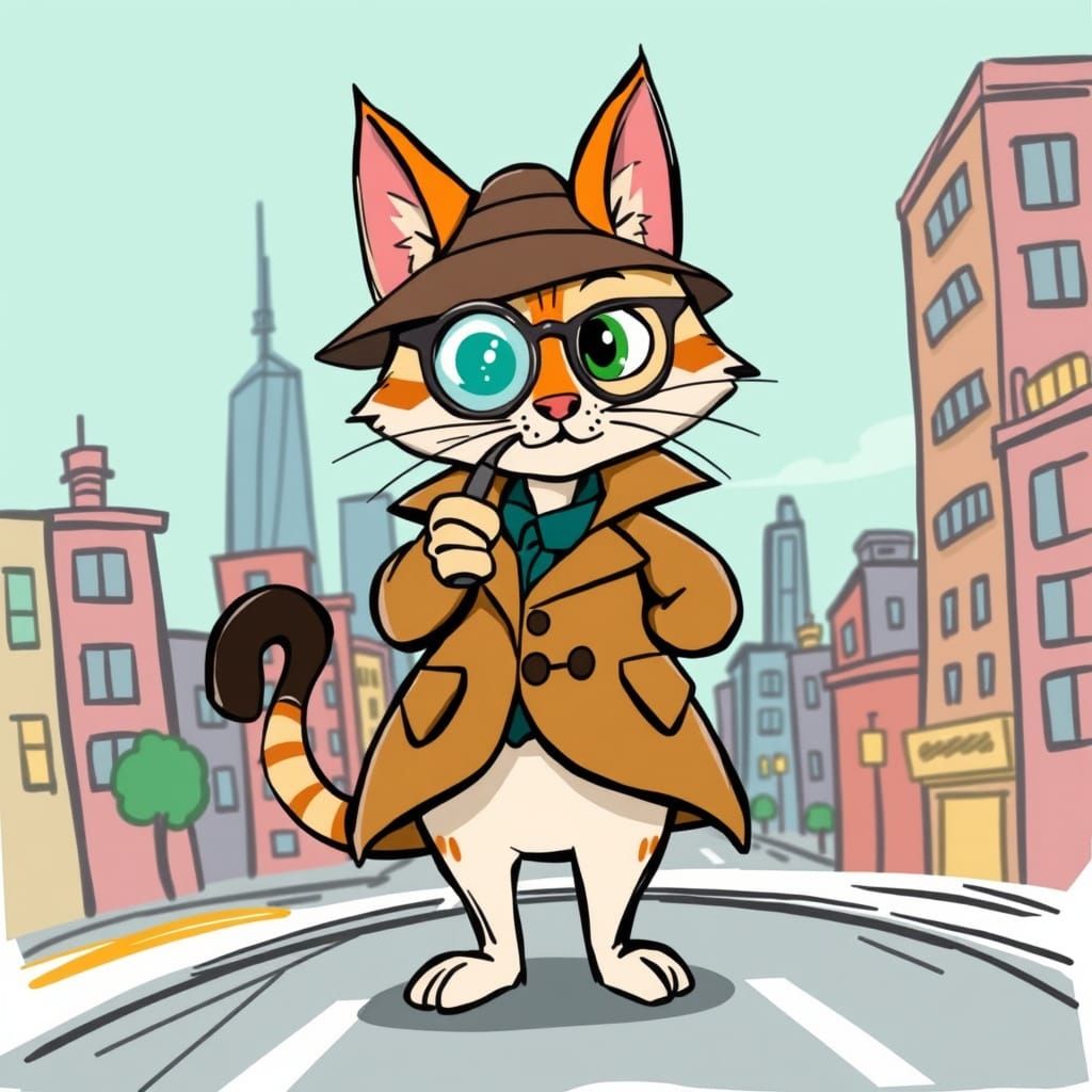 Cartoon Cat Detective Investigates a Case