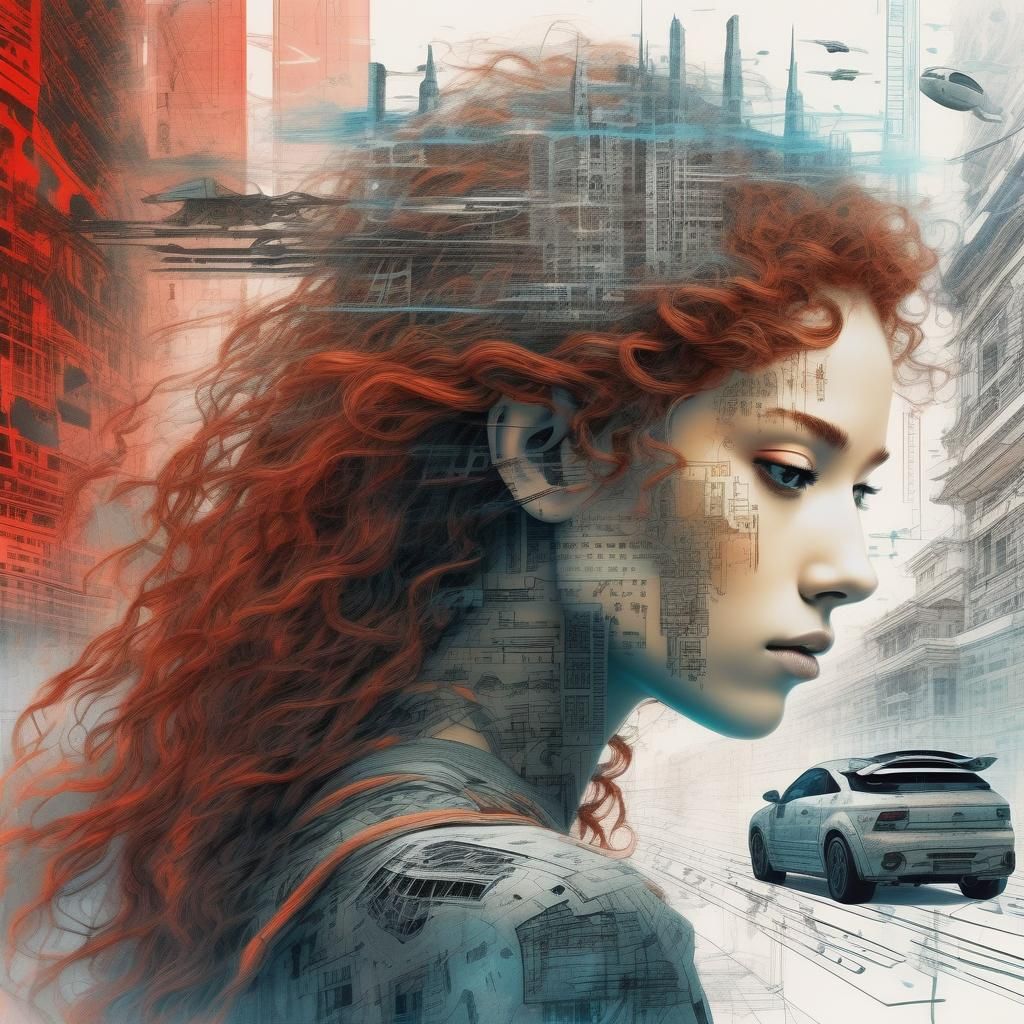 Red-Haired Robot Girl in Glitch Art Style