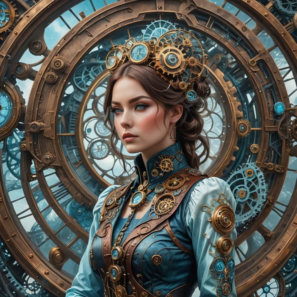 Steampunk Woman and Time Machine in Fractal Spiral