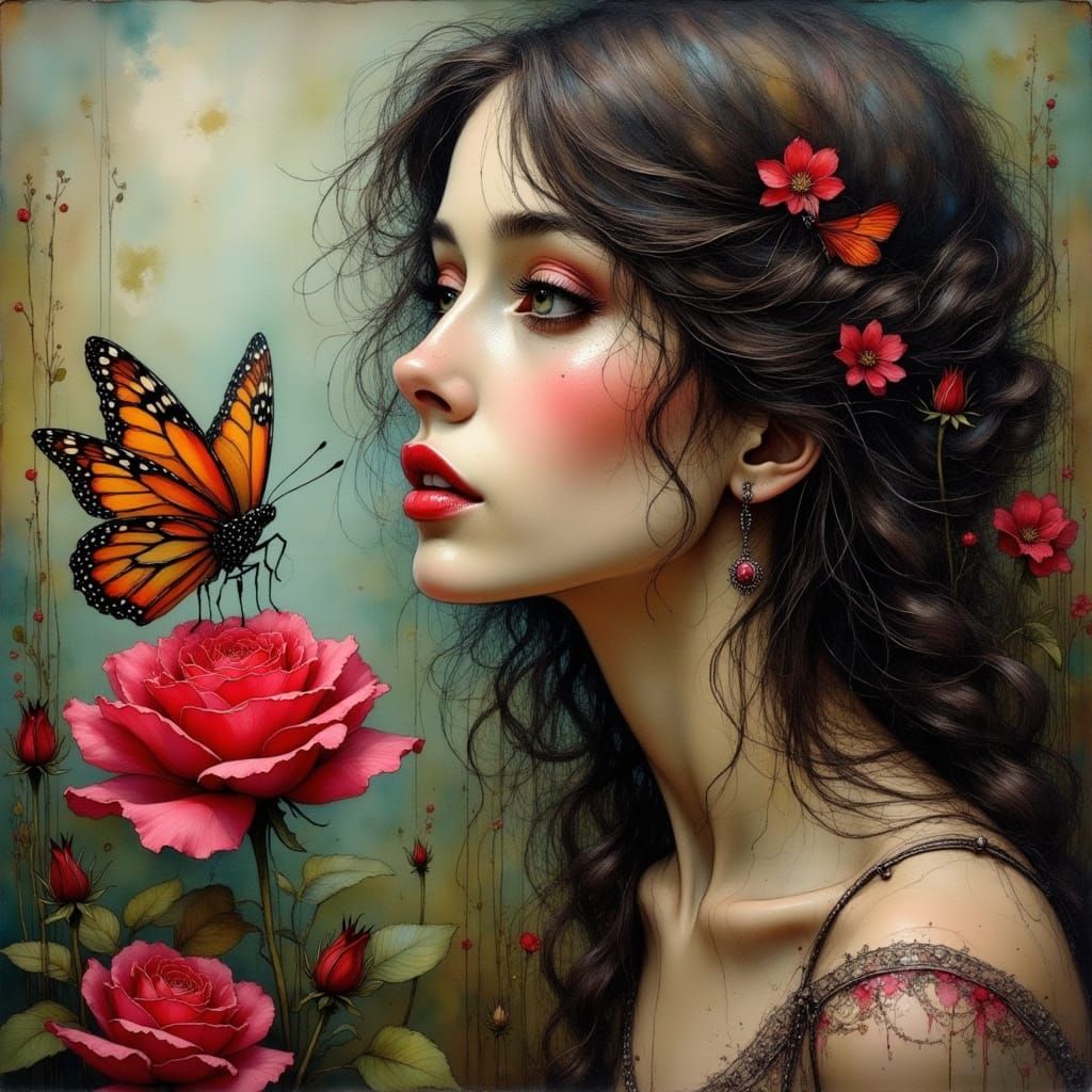 Woman and Butterfly on Rose