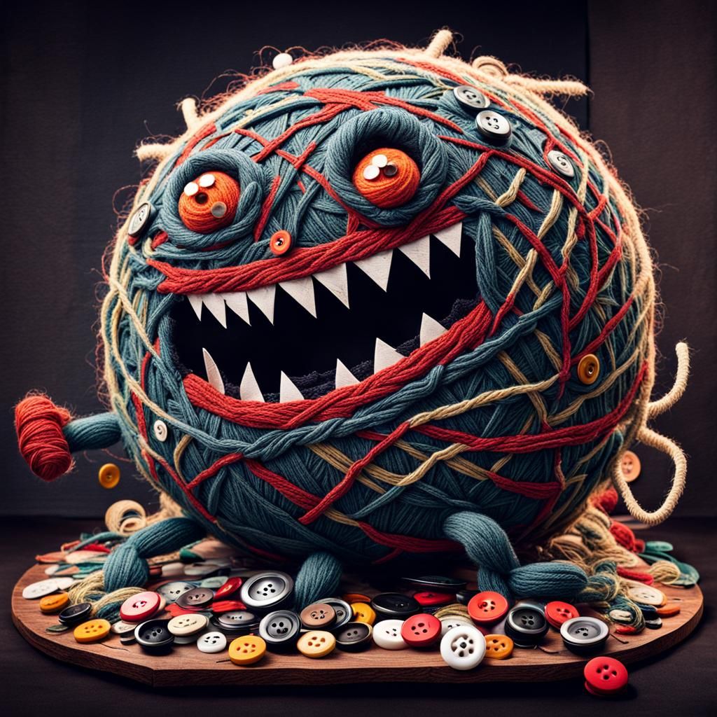 Yarn Ball Monster with Button Eyes, Sinister Art