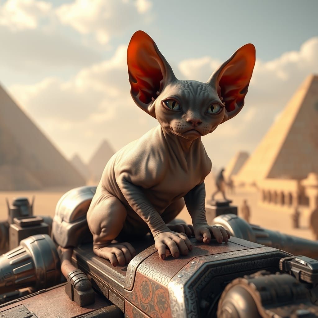 Sphynx Cat in Spaceship, Egyptian Civilization Backdrop