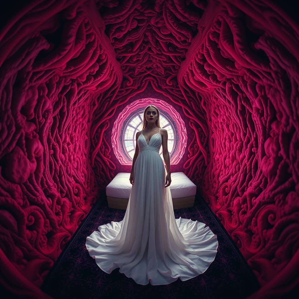 Ethereal Psychedelic Woman in Hypnotic, Flesh-Like Room