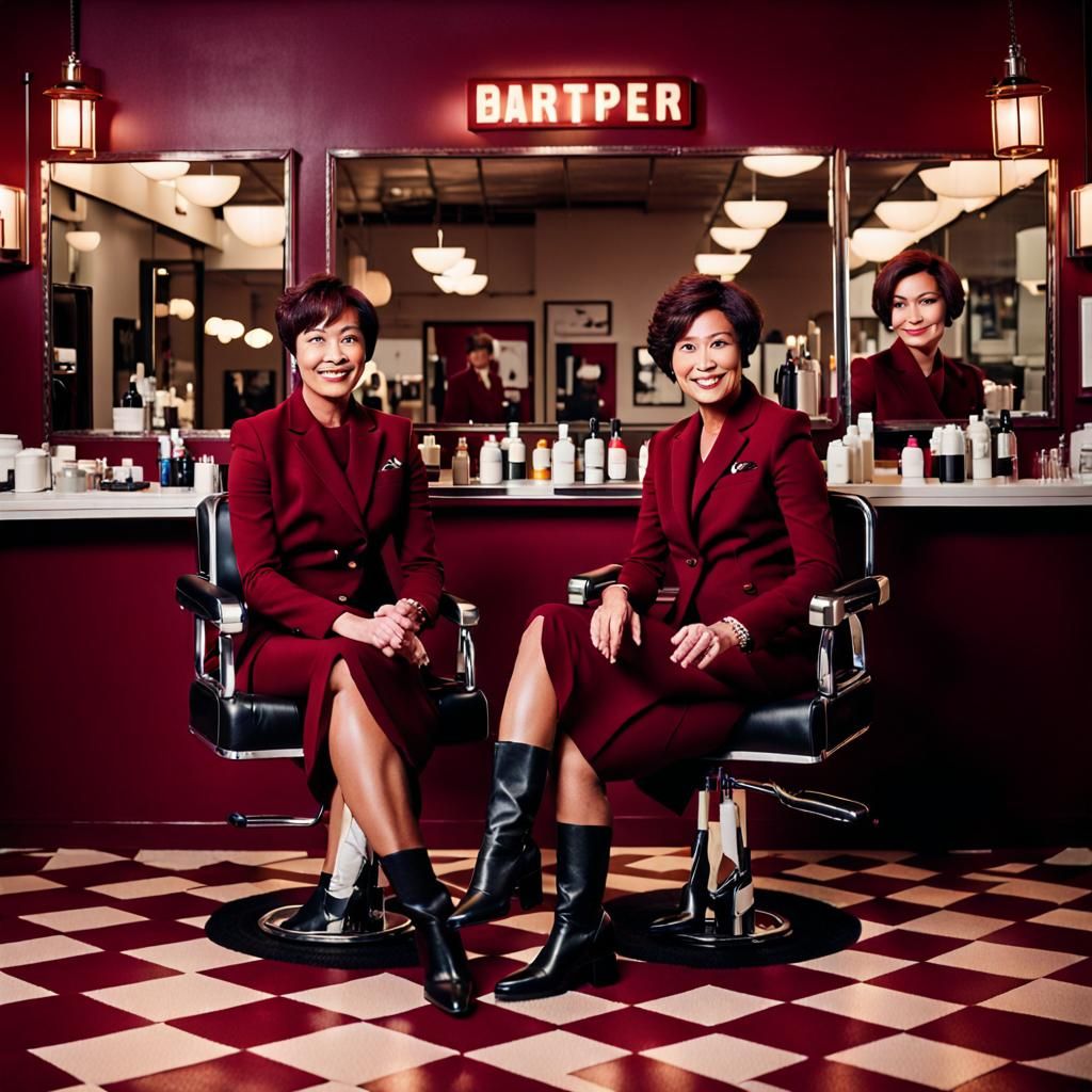 Businesswomen in Maroon Suits at the Barbershop