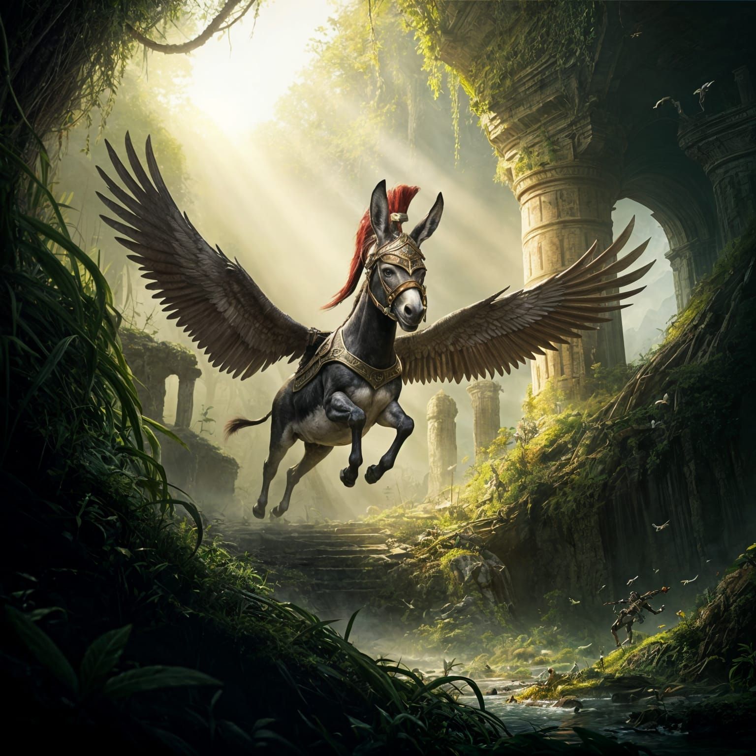 Winged Spartan Donkey Flies Through Jungle