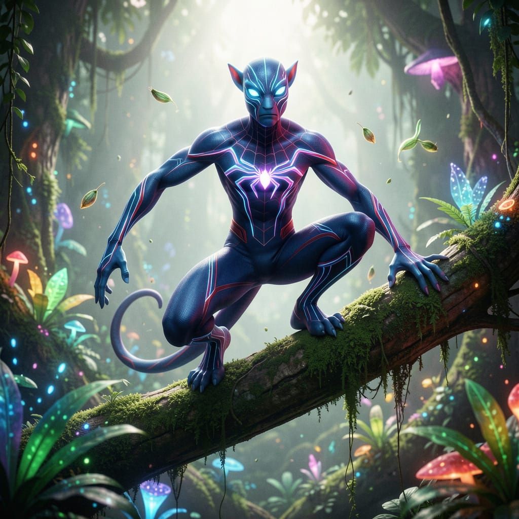 Spider-Man as a Na'vi in Avatar's Bioluminescent World