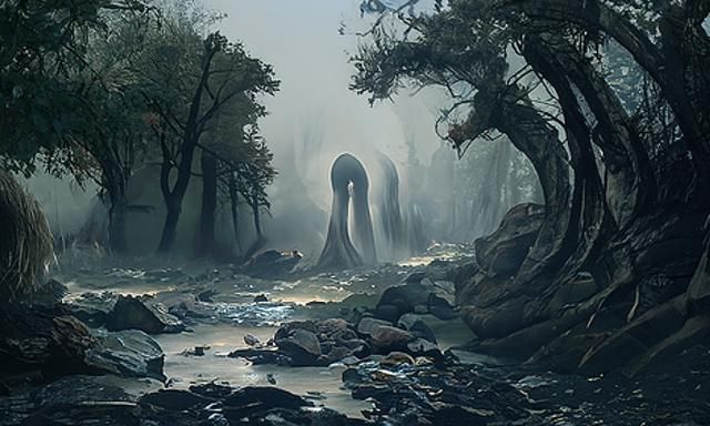 Eerie Forest Hollow Radiating Threat in Dark Fantasy Style