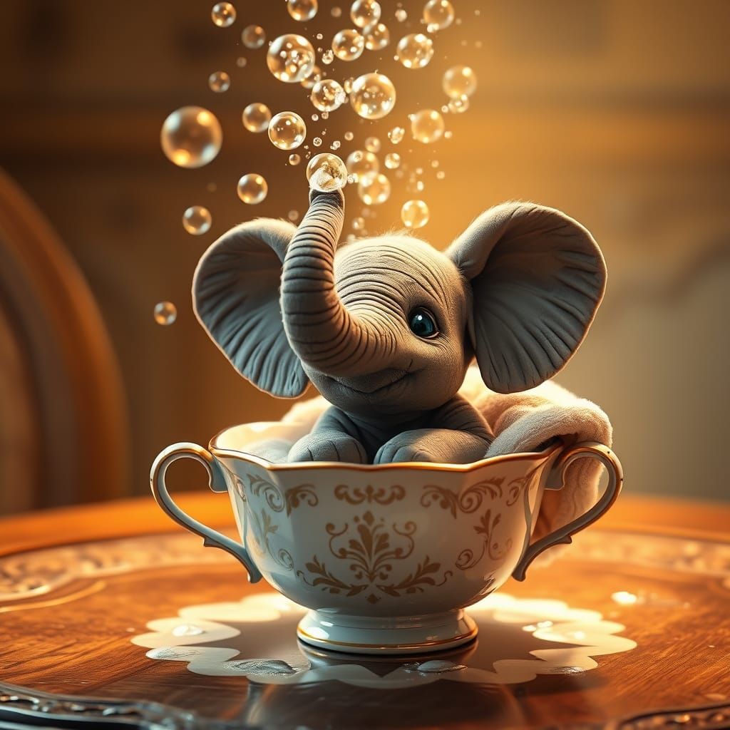 Tiny Baby Elephant Soaks in Golden Bubble Bath