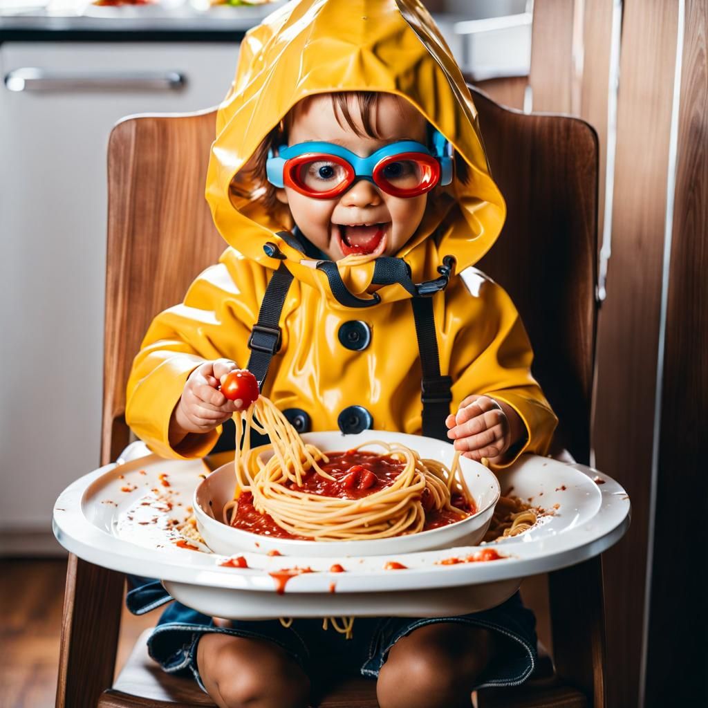 Toddler in Raincoat Enjoys Spaghetti