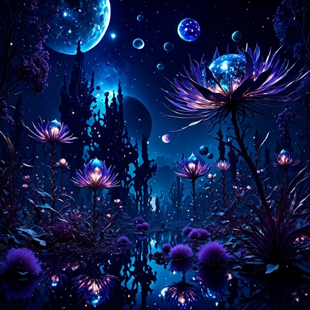 Silver Alien Plants Reflecting Galaxy