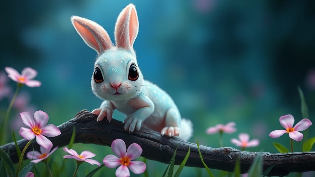 Whimsical Forest Creature with Rabbit in Dreamy Landscape