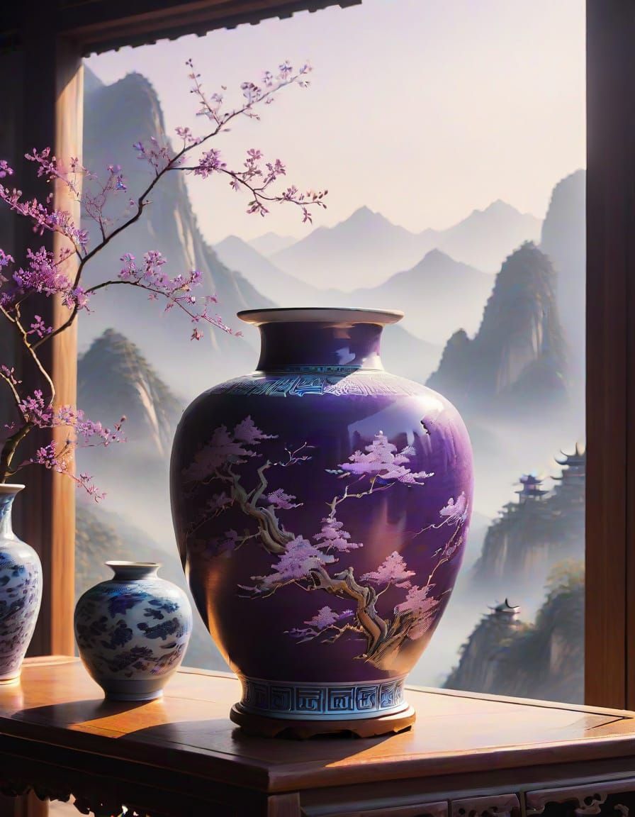 Purple Chinese Vase with Dragon in Mountain Landscape