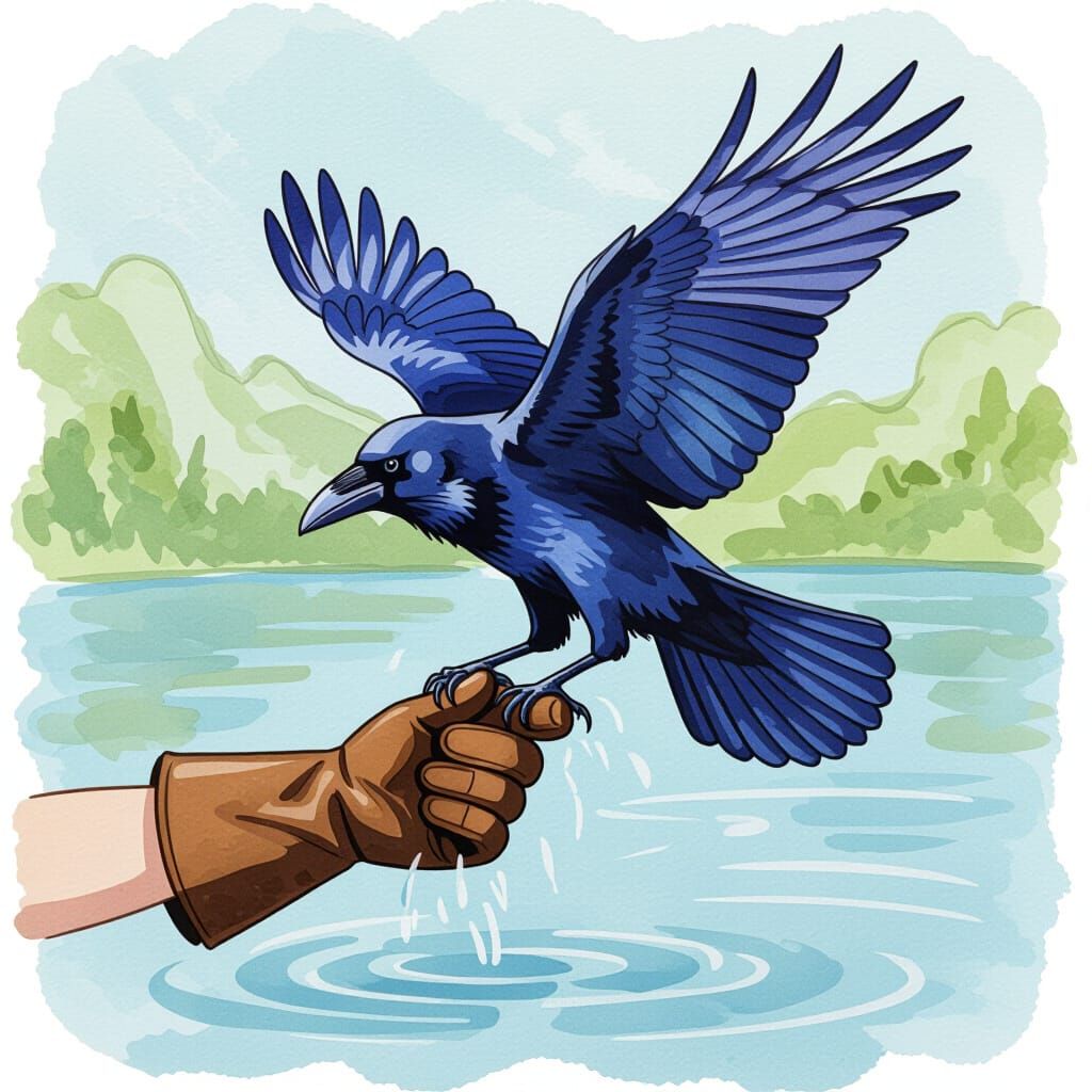 Raven Lands on Gloved Hand in Watercolor Style