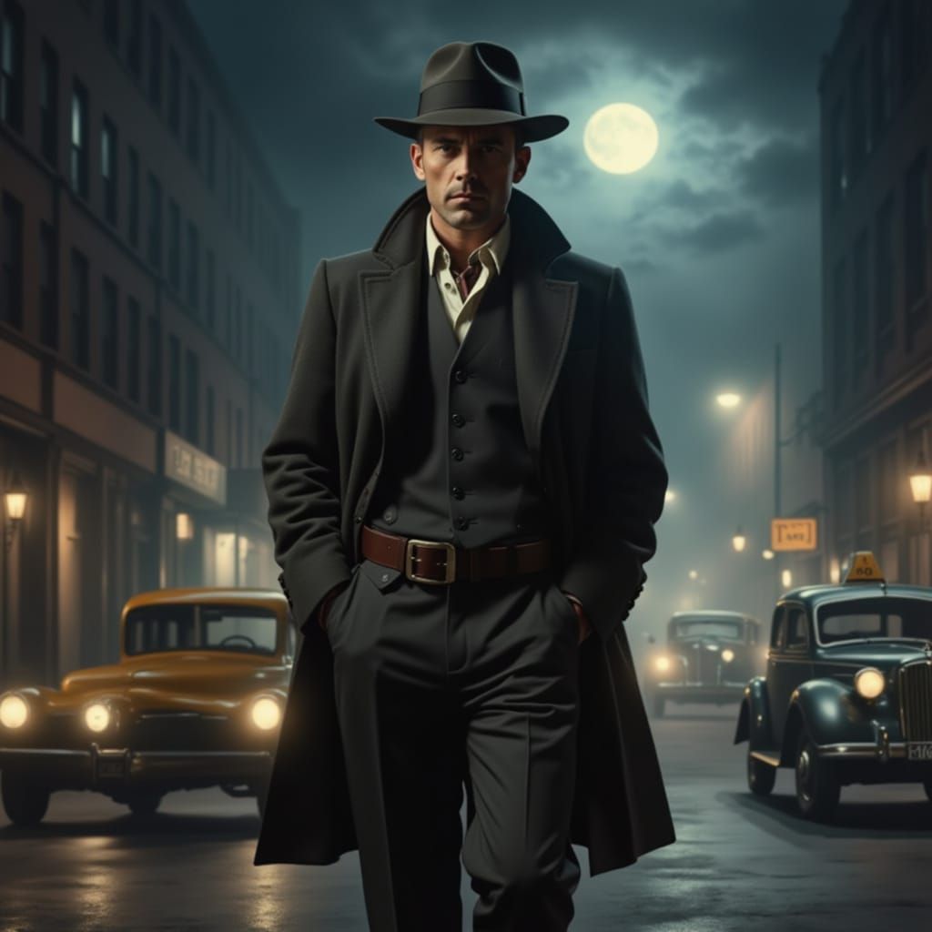 Noir Detective in Fedora on City Street