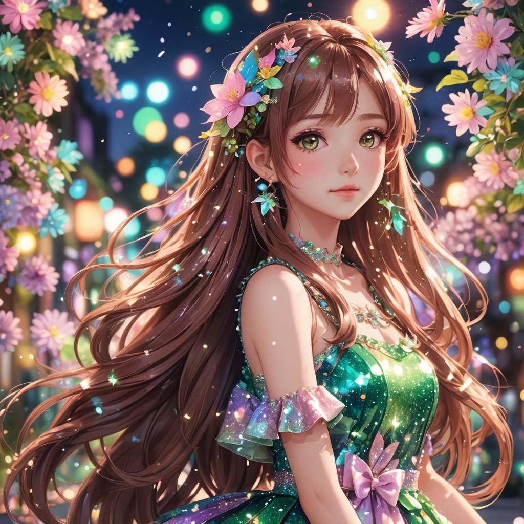 Cute Anime Girl with Sparkly Floral Dress