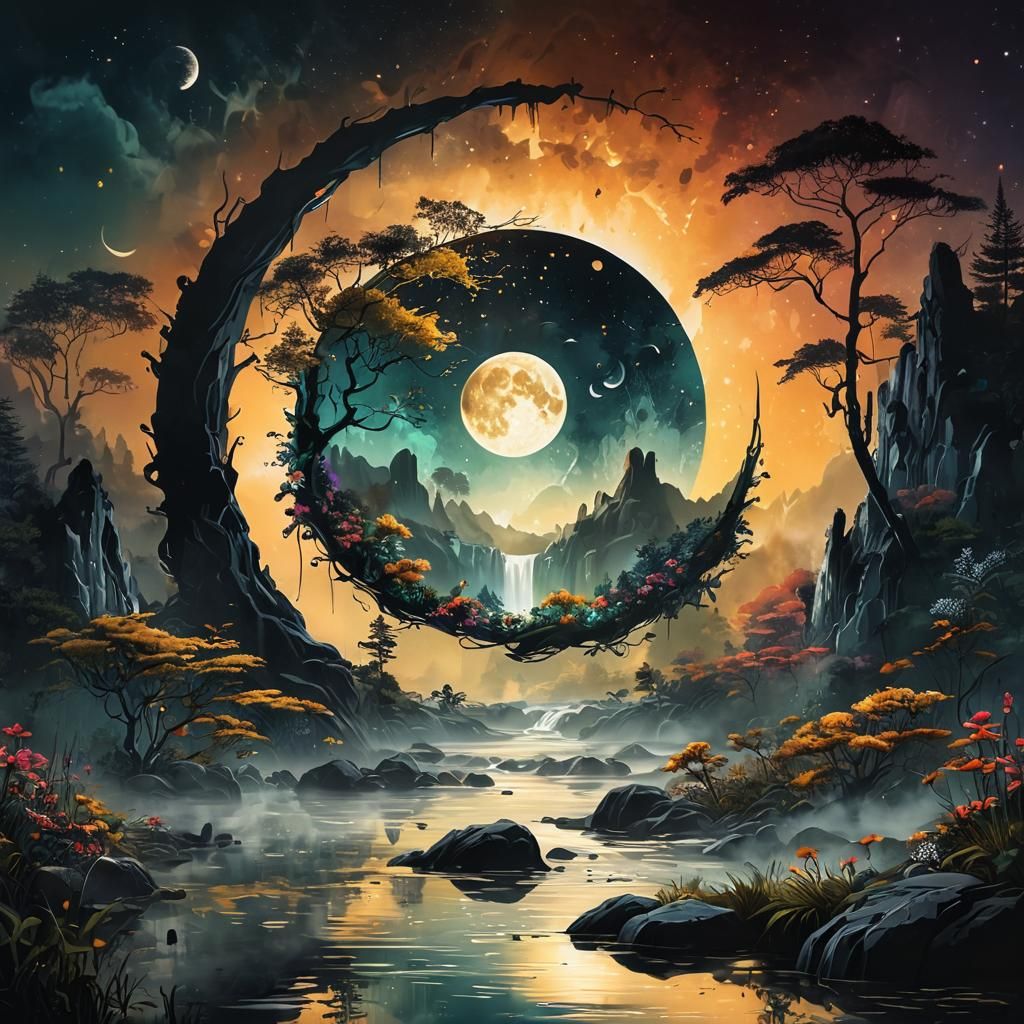 Dreamlike Moonlit Forest Realm in Vibrant Watercolors