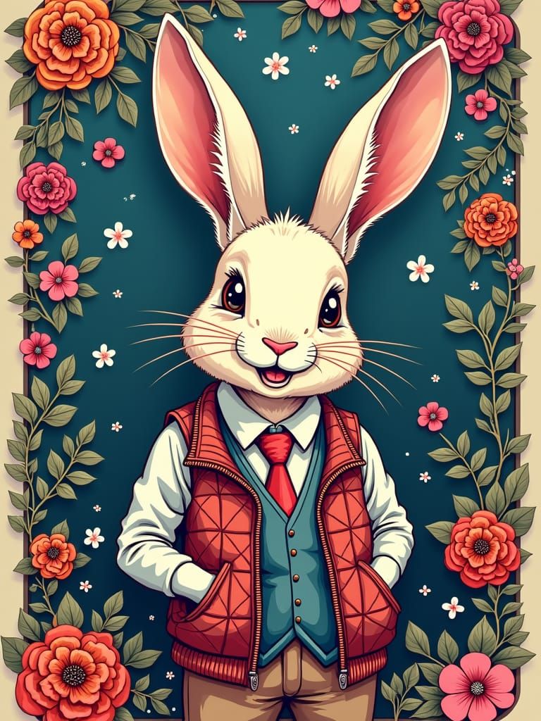 Rabbit in Waistcoat with Floral Paisley Mandala