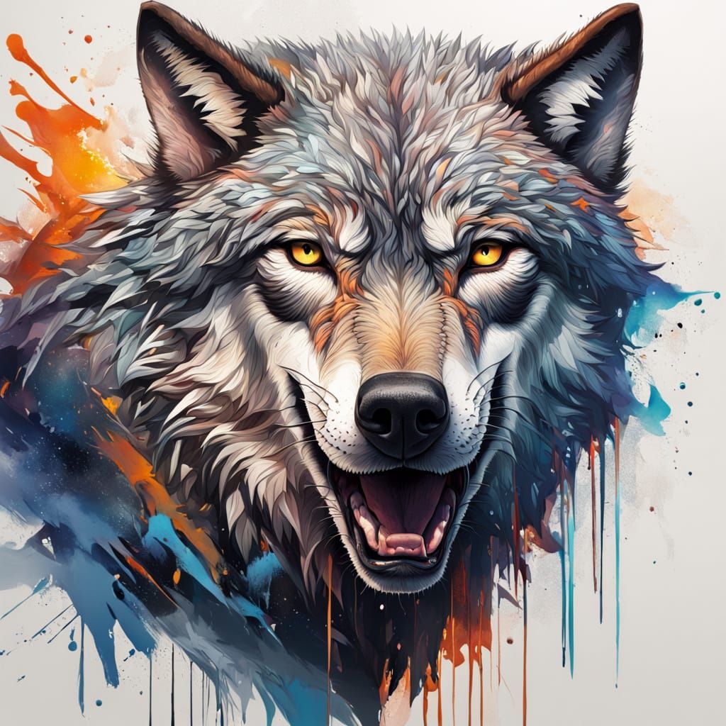 Dramatic Wolf Portrait in Splash Art Style