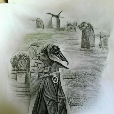 Plague Doctor in Graveyard: A Pencil Sketch