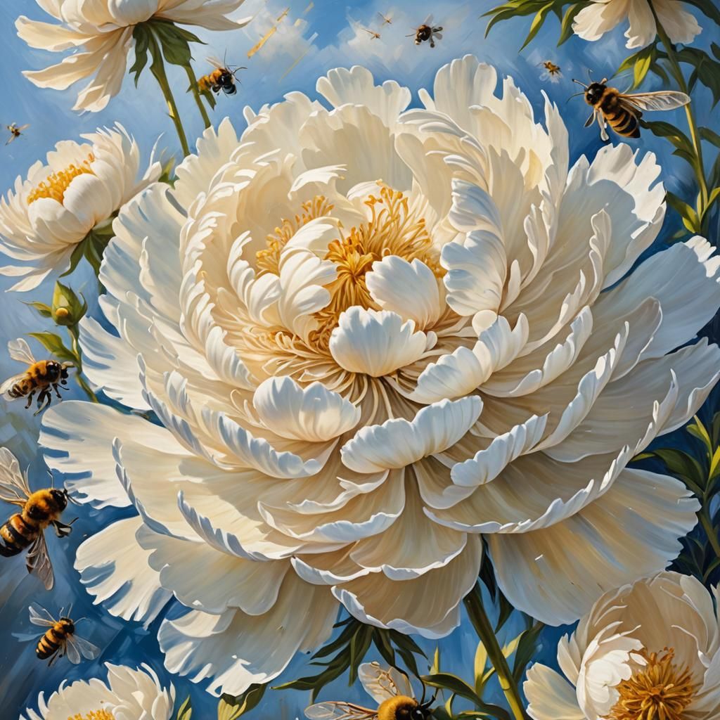 White Peony in Impressionist Style with Bees