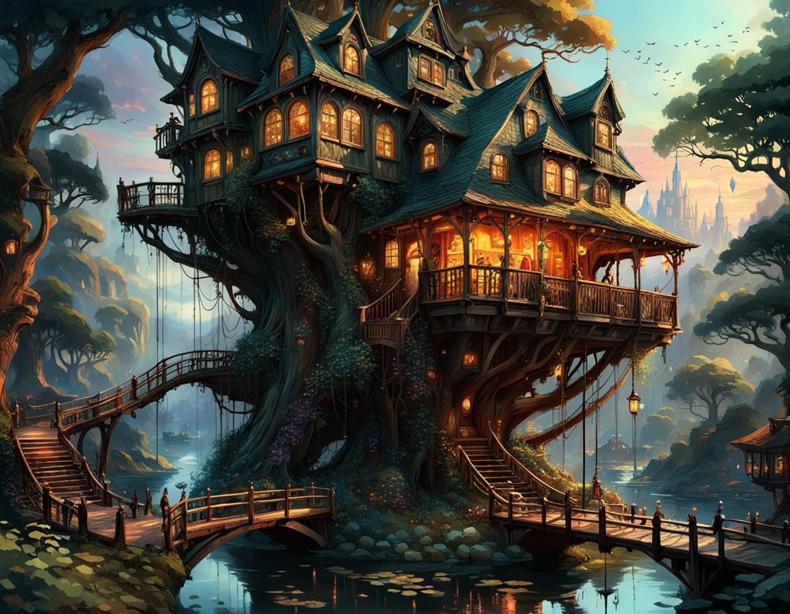Epic Treehouse with Gothic Art Nouveau Architecture