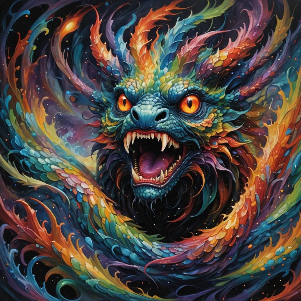Eerie Creature Screams in Vortex of Colors as Oil Painting