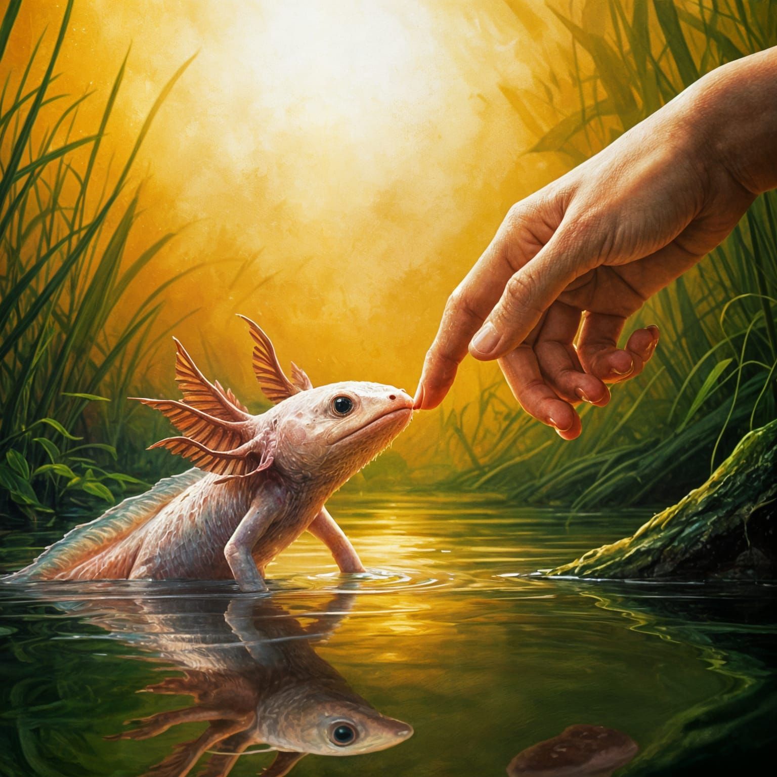 Surreal Oil Painting of Axolotls Emerging from Pond in Impas...