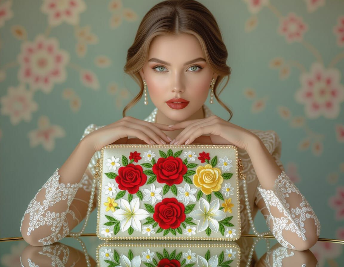 Elegant Woman with Embroidered Bag in Diamond Painting Style