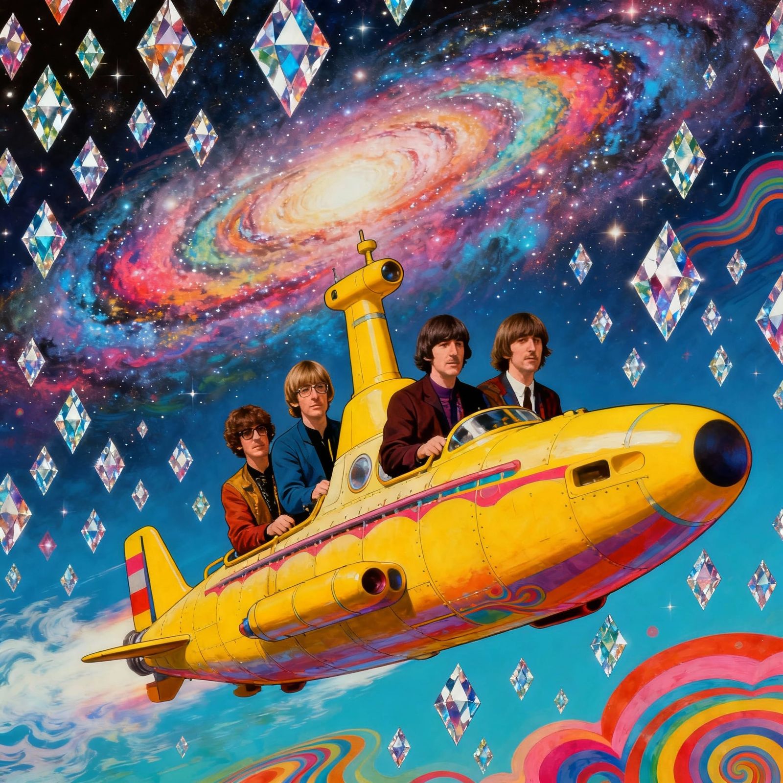 Psychedelic Yellow Submarine with Beatles in Cosmic Sky